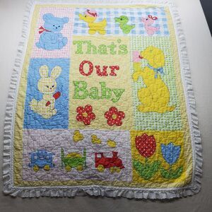 Vintage Our Baby Handmade Quilt Pastel Nursery Crib Blanket 44x35